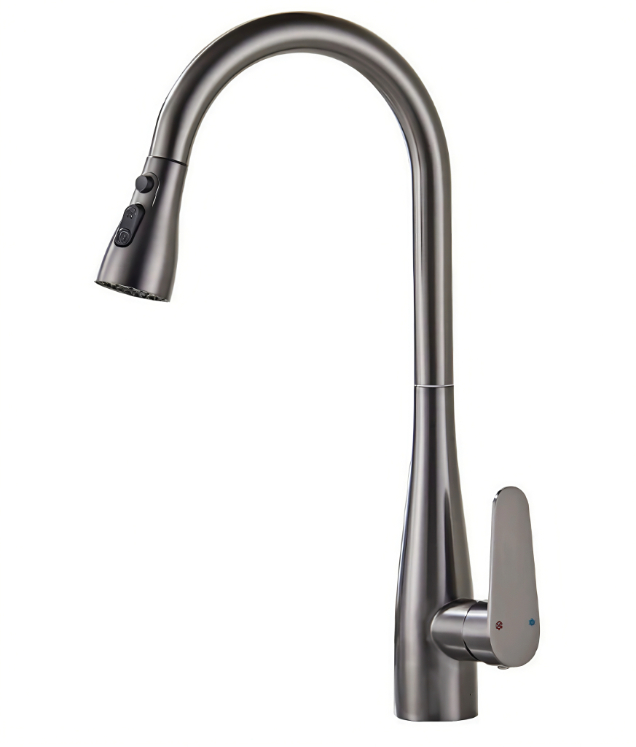 Faucet tarraing a-mach cidsin àrd-arc Gunmetal Grey Gooseneck teth is fuar
